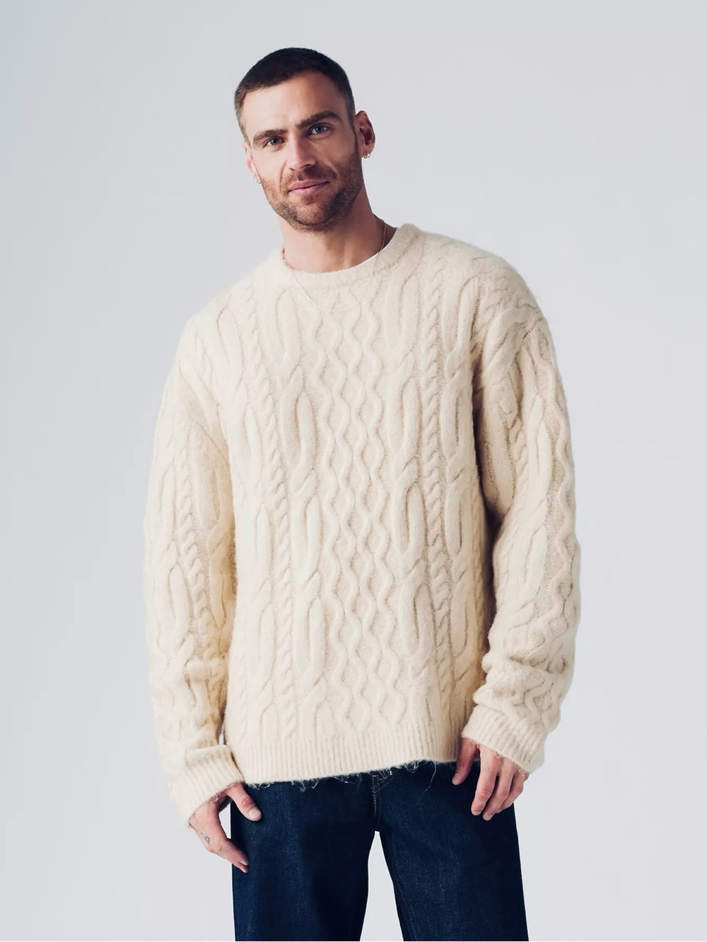 Levi's BATTERY WOOL CREWNECK SWEATER MEDIUM Cable Knit Fisherman Sweater Cream